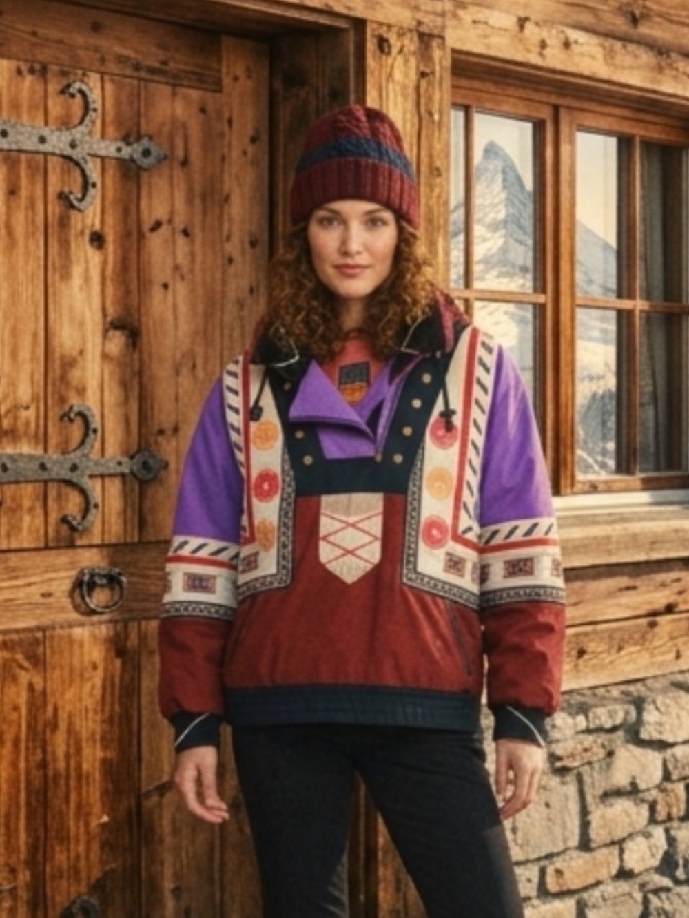 Bogner Vintage Patchwork Pullover Jacket, Maroon, Purple, Black, White